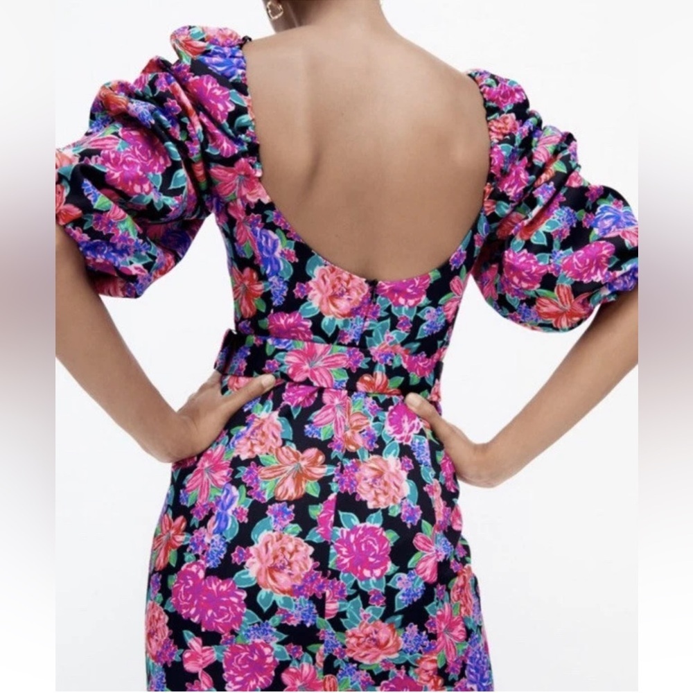 NWT Zara Floral Belted Pink Purple Puff Sleeve Mini Dress Zinnia Cottagecore XS. - Picture 13 of 16